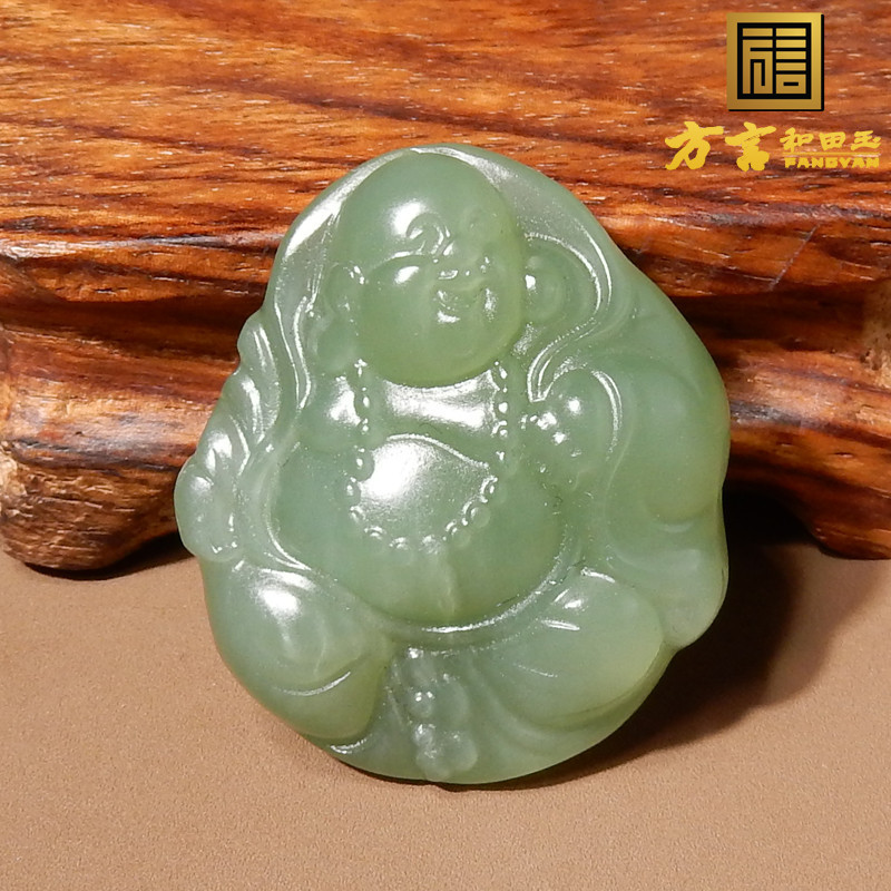 放漏方言和田玉俄罗斯油润老坑粉青带猫眼碧玉弥勒笑佛吊坠挂件O8