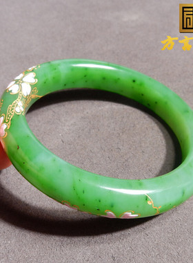 方言和田玉珍稀名品老俄料乌兰海苹果绿错金碧玉内径54mm手镯w