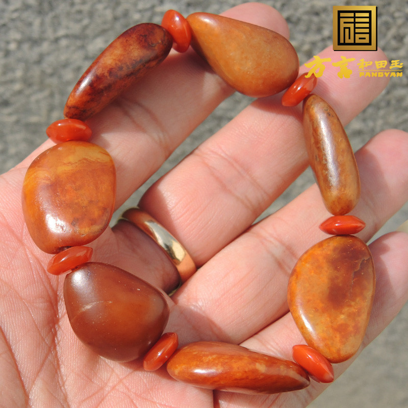 方言和田玉老熟如酥7颗无修珍稀名品黄沁原石聚红皮黄玉籽料手链F