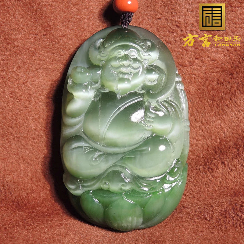 方言和田玉臻品精品收藏级俄罗斯老坑碧玉辣菠菜绿猫财神手把件h2