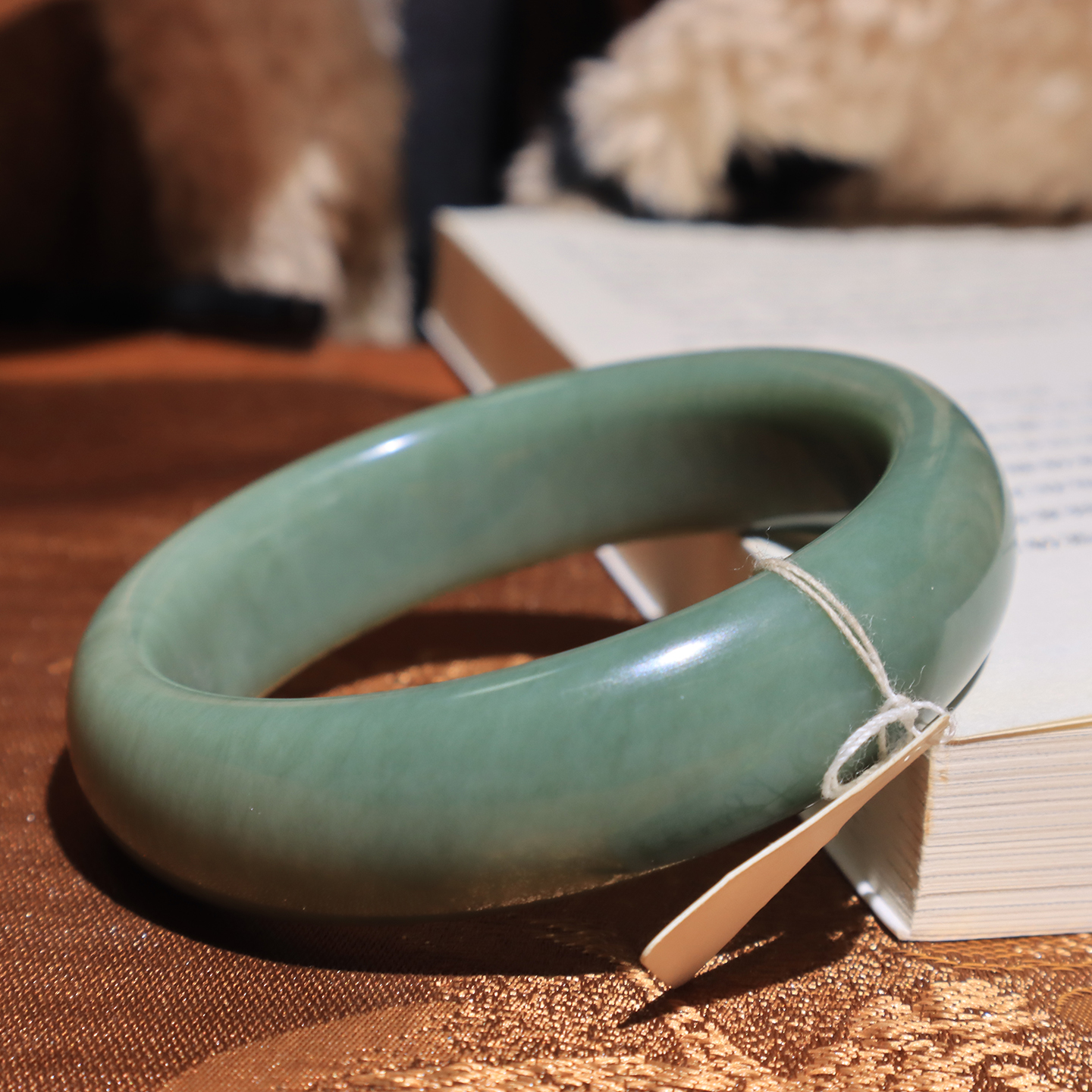 美滋滋方言和田玉特色新疆绢丝状留毛孔沙枣青籽料58mm玉手镯O