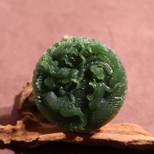 玉禧珠宝精品俄罗斯老坑料菠菜绿碧玉和田玉龙凤牌男女吊坠挂件A9