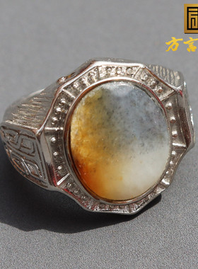 方言黄沁油皮青花籽料玉戒指