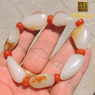 方言新疆和田玉龙河籽料原石手串珍稀名品红皮高白羊脂玉手链子F