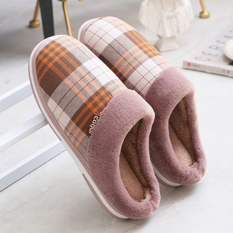 男士冬季格纹保暖棉拖鞋