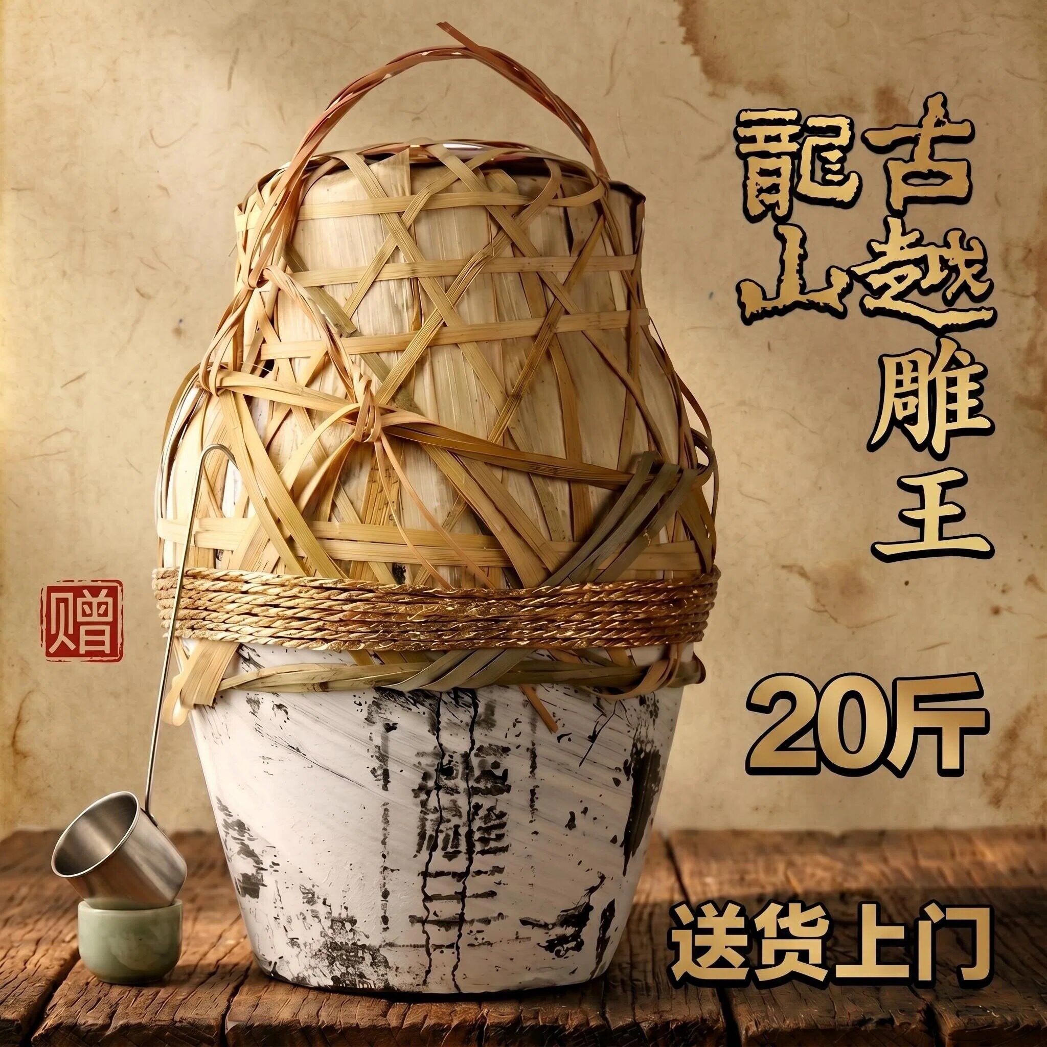 绍兴黄酒古越龙山雕王10L太雕酒 竹编陶坛20 斤半甜型善酿酒
