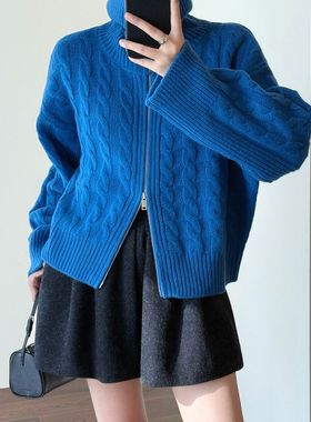 复古克莱因蓝色翻领麻花针织衫女秋冬加厚保暖双拉链毛衣外套开衫