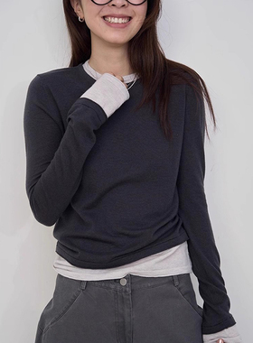 美式复古灰色假两件针织打底衫女秋冬修身内搭显瘦高级感长袖上衣