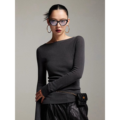 高级灰色一字领针织打底衫女秋冬季气质修身显瘦内搭毛衣叠穿上衣