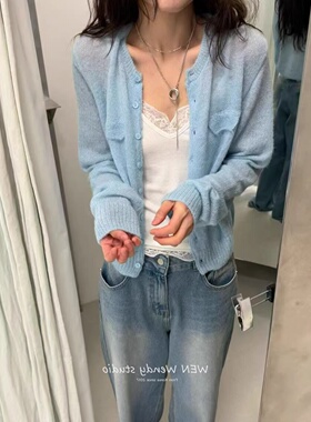 韩系甜美风蓝色薄款长袖针织开衫女2026春夏季百搭空调衫毛衣外套