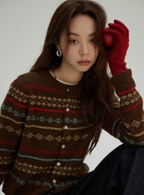 秋冬复古费尔岛撞色提花毛衣外套女短款单排扣显瘦正肩针织衫开衫