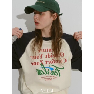 复古印花撞色圆领卫衣女春季 复古宽松小众设计感宽松慵懒上衣 新款