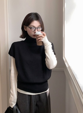 黑色高领蝙蝠袖针织衫坎肩女秋冬氛围感叠穿卷边堆堆领毛衣马甲