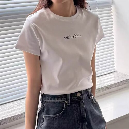 韩国东大门纯棉白色美式印花正肩短袖T恤夏季轻薄穿搭圆领上衣女