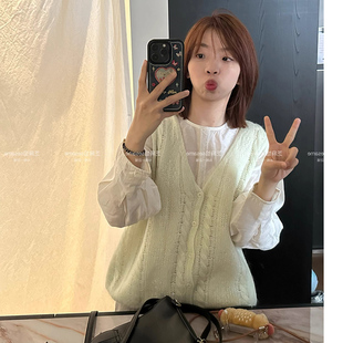 韩系浅绿色v领坎肩针织马甲背心女春秋百搭叠穿毛衣内搭无袖上衣