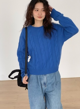 克莱因蓝圆领短款麻花毛衣女秋冬通勤百搭宽松显瘦外穿针织衫上衣
