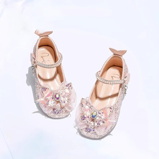 真皮女童公主鞋小皮鞋2026新款春季儿童高跟鞋艾莎鞋子女孩水晶鞋