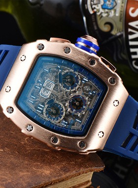 精准石英表酒桶表 潮流 机械质感手表 复古简约 青春时尚运动六针