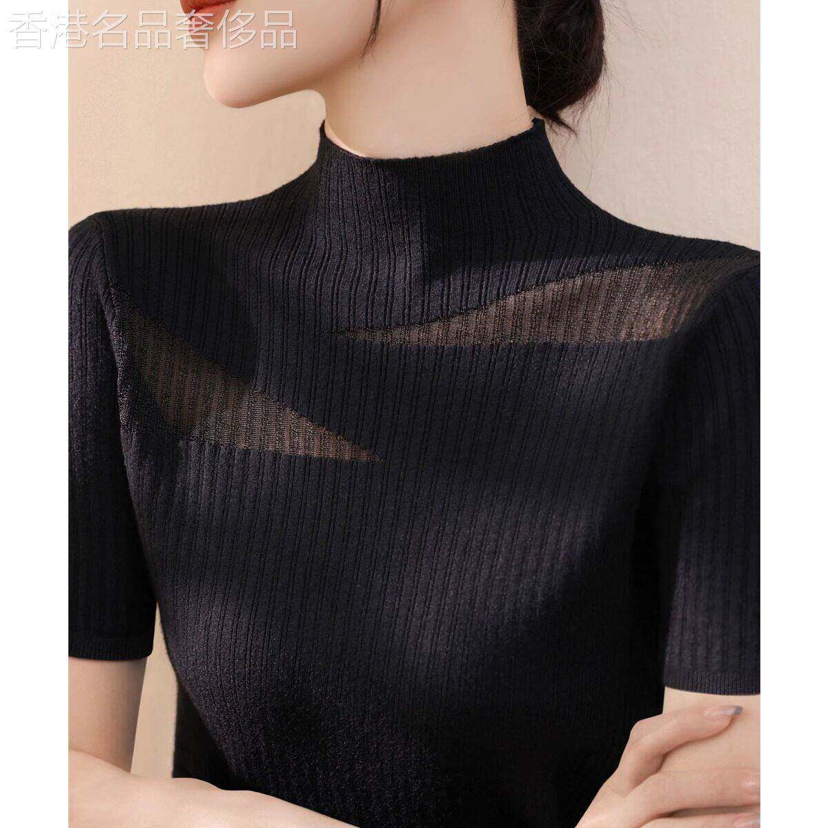 半高领黑色短袖t恤女夏季薄款网纱镂空修身显瘦冰丝针织正肩上衣