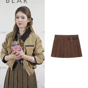 赵露思同款棕色学院风格纹百褶半身裙女秋冬翻领夹克针织开衫套装