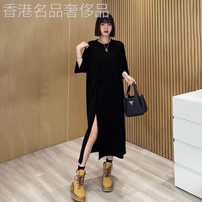 大尺码女装夏季欧货爆款宽松开叉长版小黑裙子胖mm遮肉肉显瘦洋装