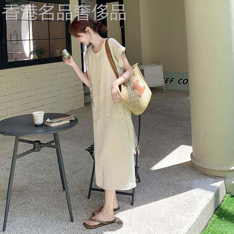 法式高级感镂空流苏短袖洋装女2026夏季温柔气质显瘦假两件长裙