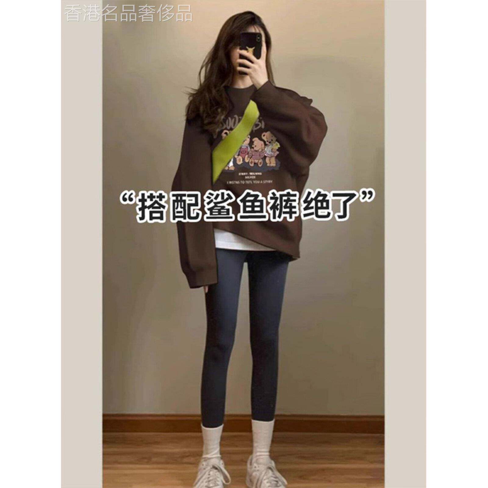 棕色圆领女式运动衫2025春秋季超大号美式印花宽松天鹅绒加厚夹克