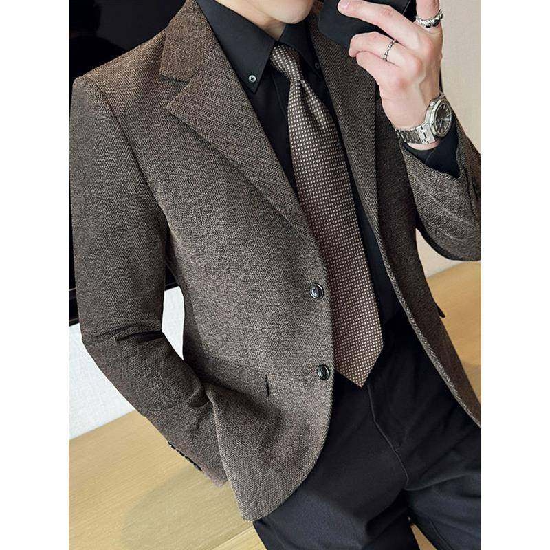 高级感西服外套男秋冬加厚韩版修身百搭商务休闲人字纹男士西装潮