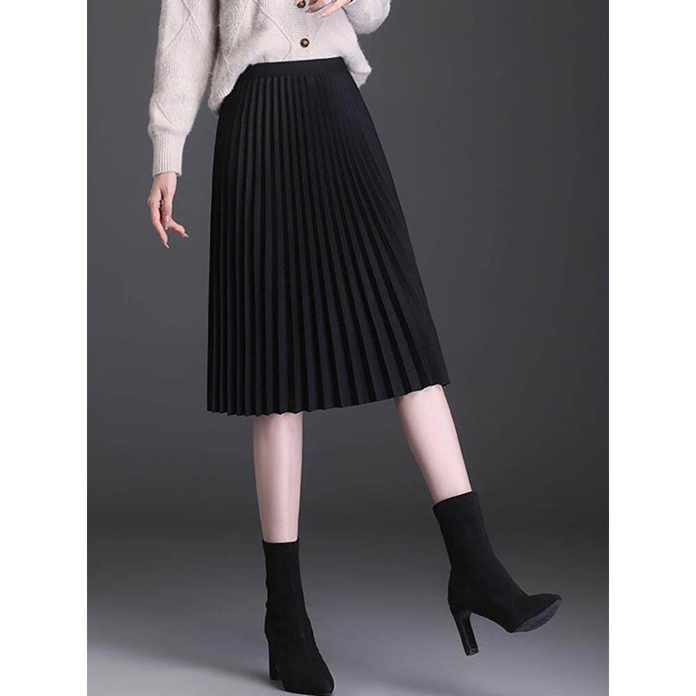 黑色半身裙女2025秋冬新款高腰小个子a字百褶裙中长款毛呢裙子