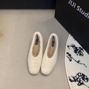 潮牌欧洲站秋冬新款女鞋羊毛方头平底舒适百搭舒适绒里简约毛毛鞋