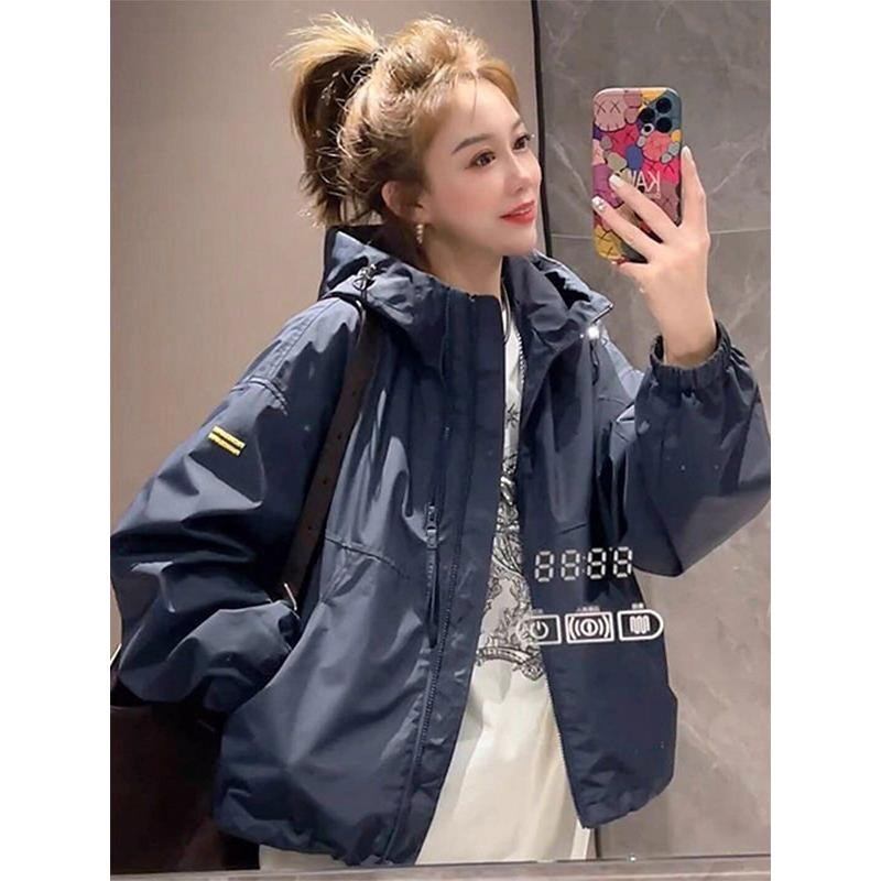 蓝色连帽冲锋衣外套女春秋欧货防风工装夹克修身显瘦洋气百搭外套