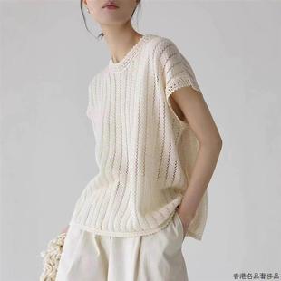 针织短袖 香港别致小众轻熟风镂空米白色法式 T恤女夏宽松时髦上衣