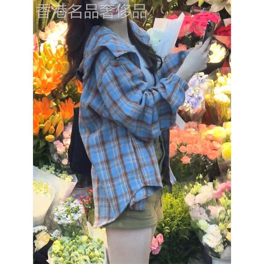 小个子格子衬衫外套女2025年春秋装新款设计感小众慵懒风连帽衬衣