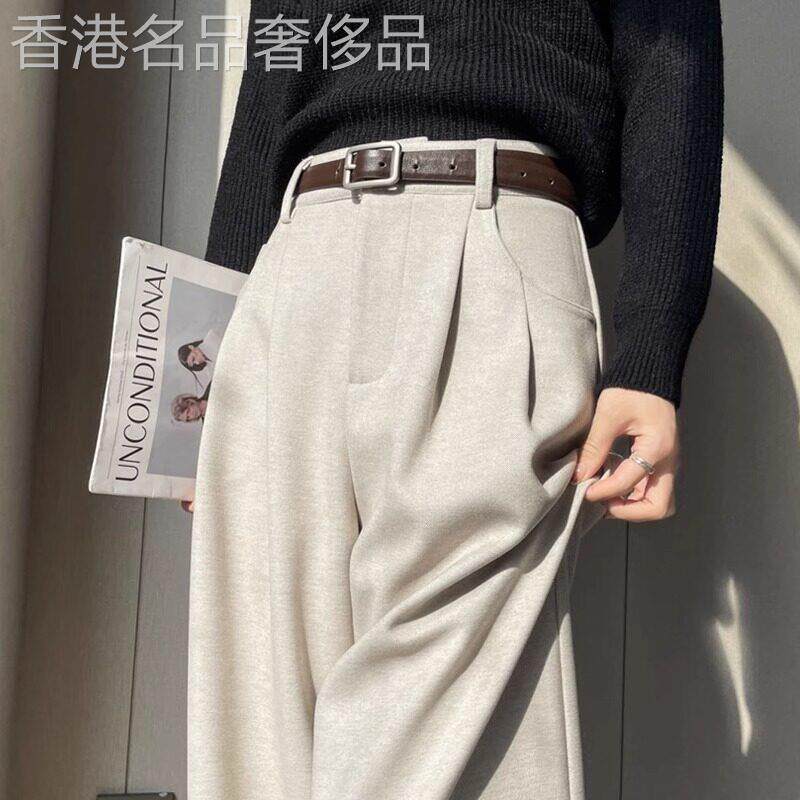 加绒毛呢裤子女宽松直筒秋冬季2025新款高腰显瘦小个子窄版阔腿裤