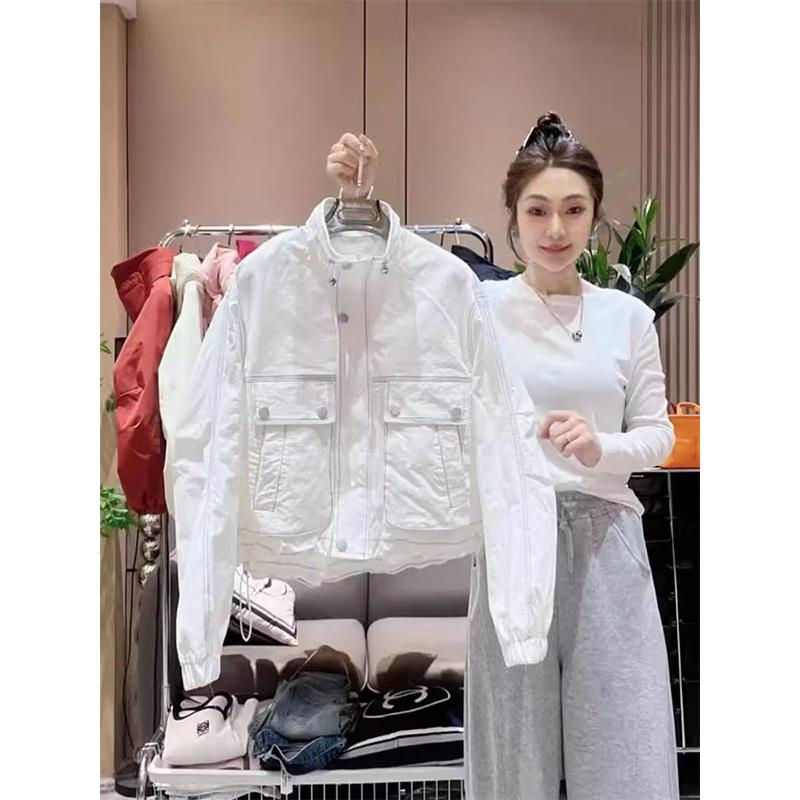 白色立领长袖工装短外套女春秋欧货休闲夹克棒球服冲锋衣轻薄上衣