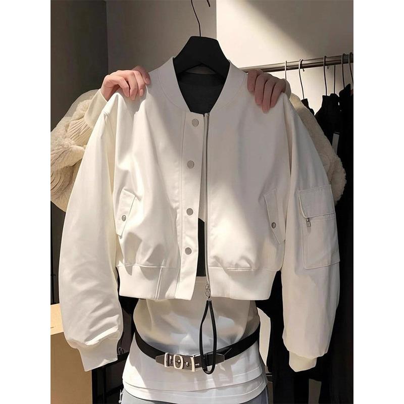 白色短款长袖棒球服外套女春秋欧货宽松拉炼飞行员小香风夹克上衣