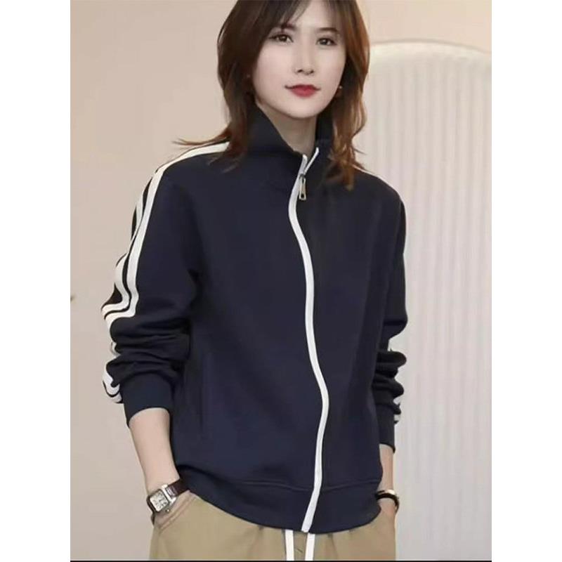 藏青色三条杠立领长袖拉炼棒球服外套女春秋欧货修身显瘦夹克上衣