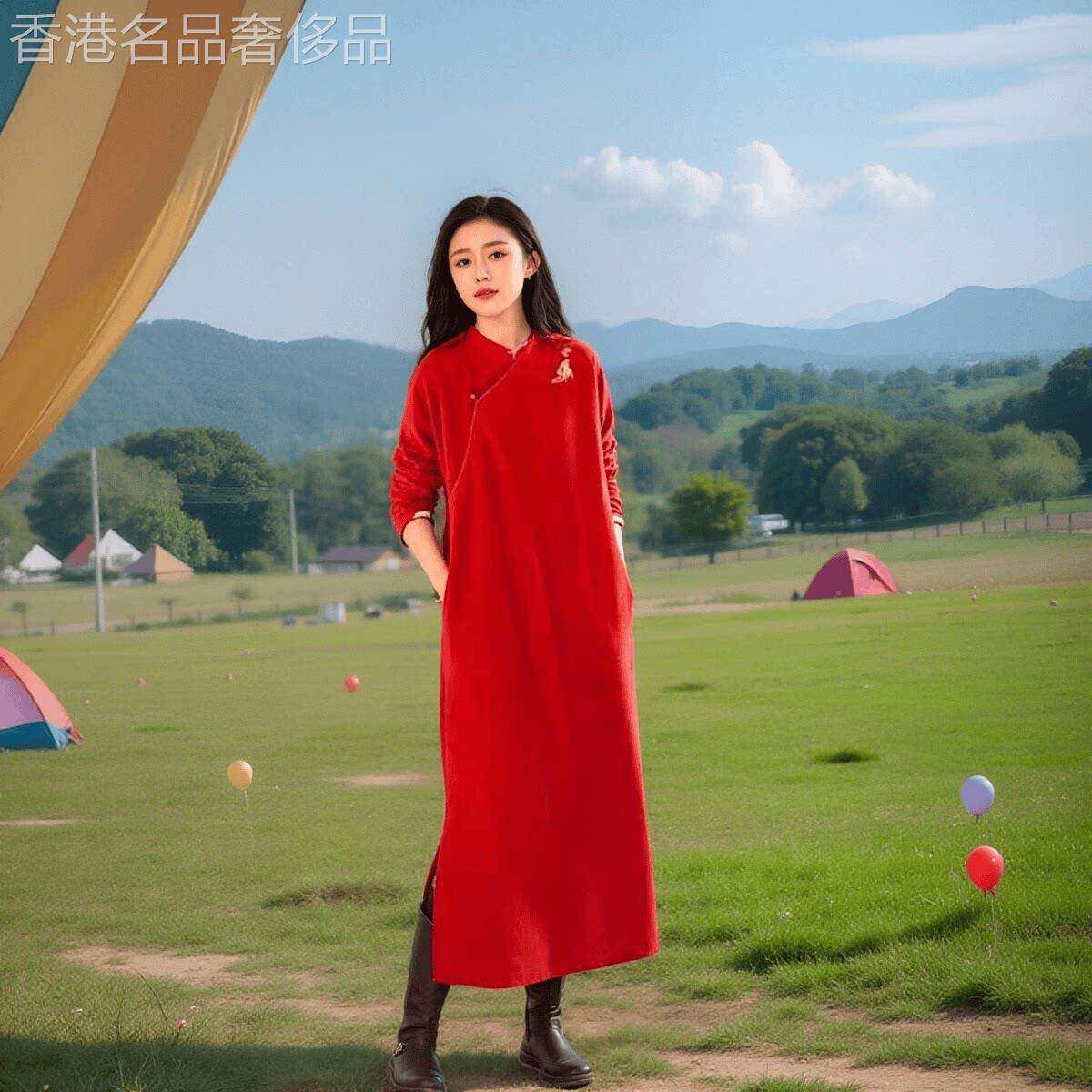 2025春秋新中式原创设计棉质绒面文艺绣花宽松红色改良旗袍连衣裙
