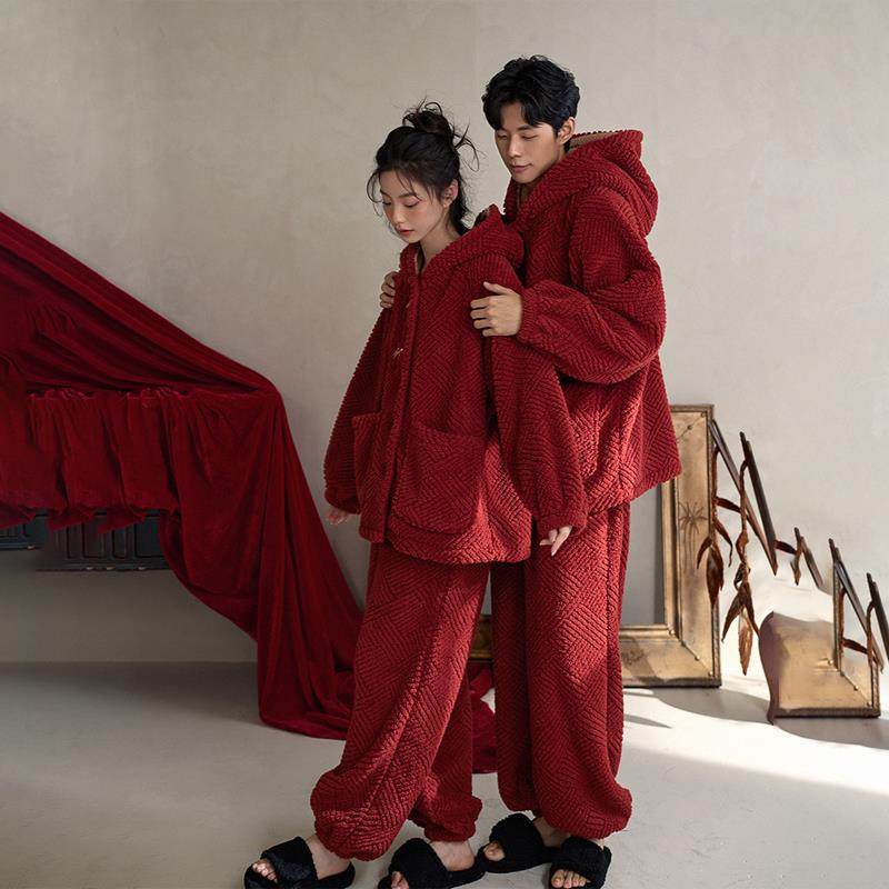 潮牌结婚珊瑚绒加厚情侣睡衣冬季国风红色本命年连帽新婚家居服