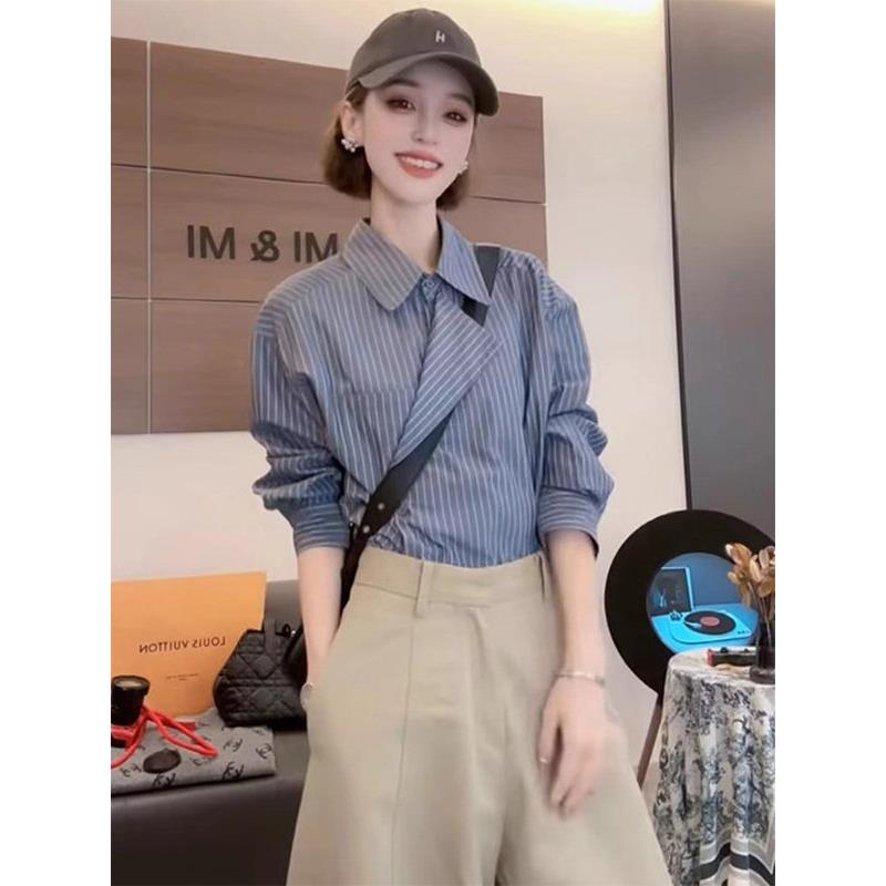 藏青色条纹翻领长袖衬衫女春秋欧货不规则修身显瘦百搭小个子上衣