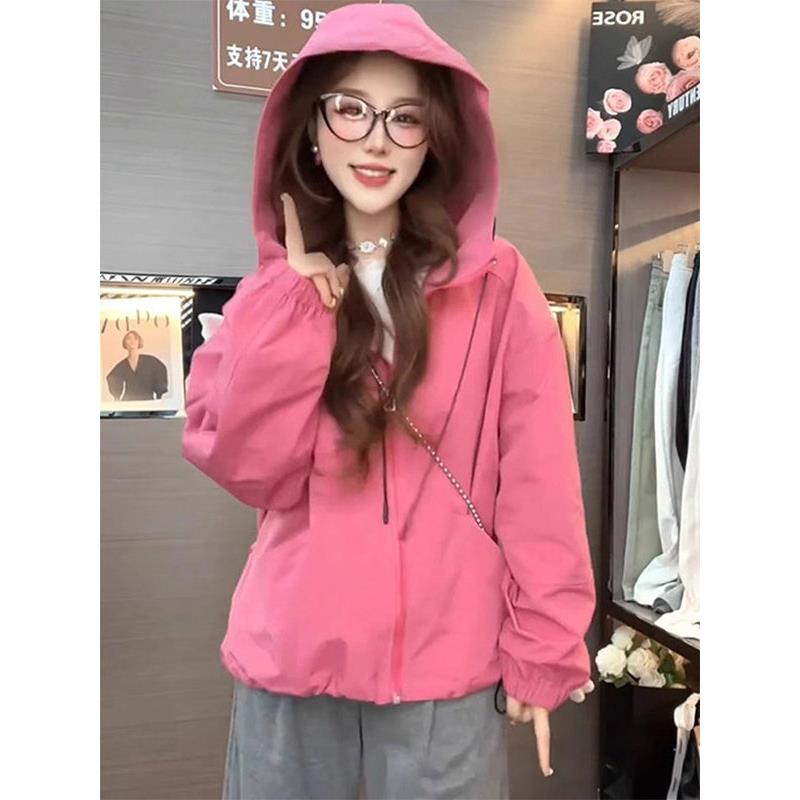 粉色工装连帽抽绳长袖冲锋衣女春秋欧货新款宽松休闲拉炼夹克外套