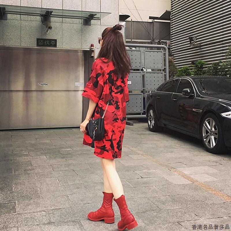欧洲站大码迷彩韩版大码圆领t恤女宽松短袖中长款bf胖妹妹连衣裙