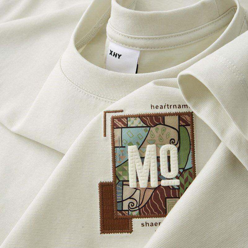MAROLIO~潮流贴布刺绣圆领短袖t恤衫男士新款冰丝棉青年宽松上衣