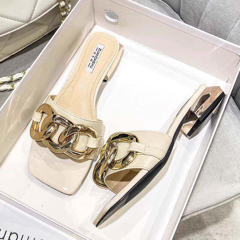 香港真皮粗跟凉拖鞋女夏外穿2026新款配裙子沙滩凉鞋小香风一字拖