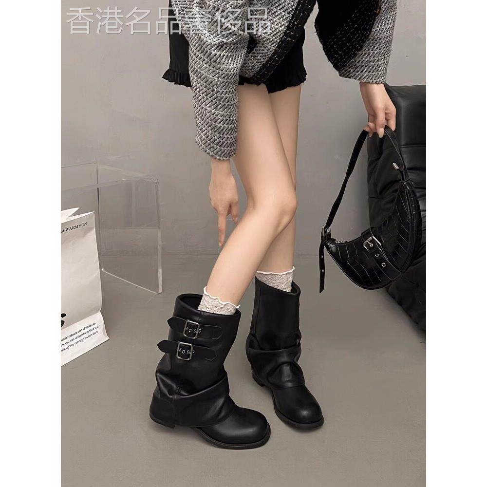 香港褶皱堆堆裤管靴女2025年春秋新款粗跟短靴配裙子机车马丁靴子