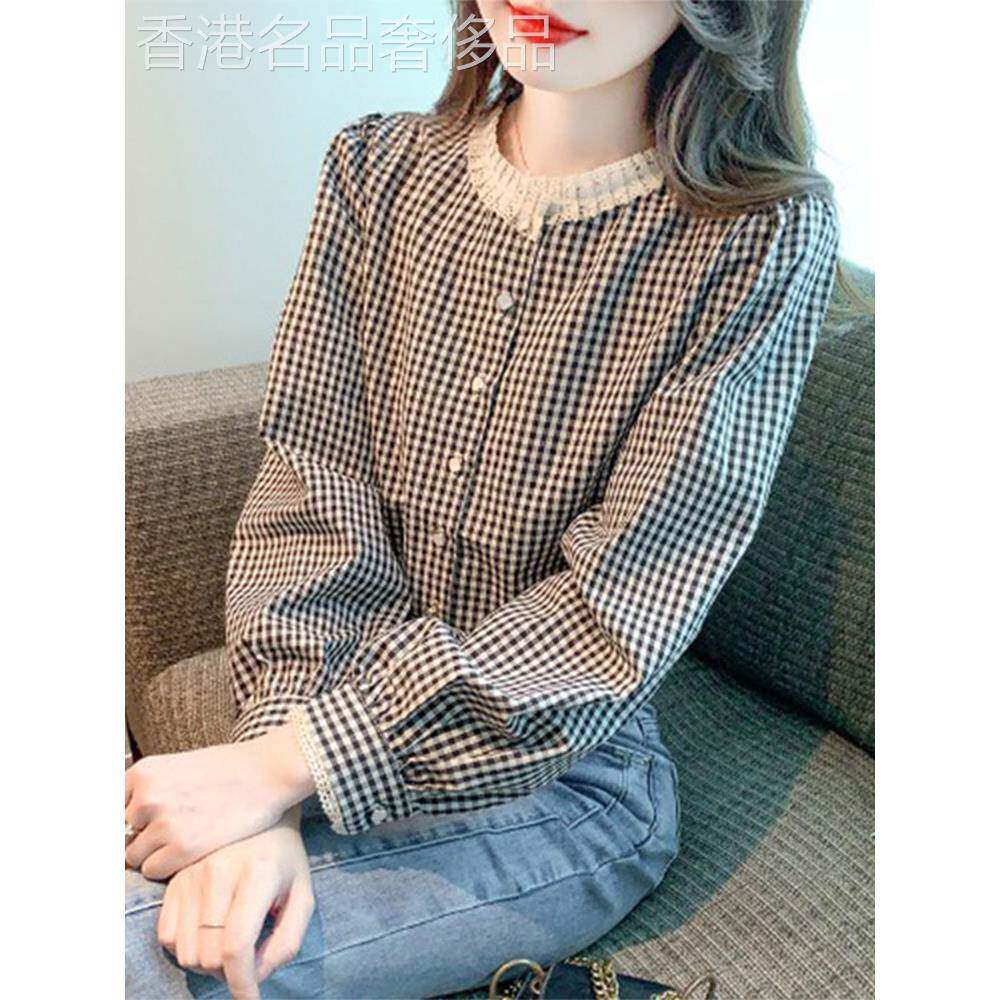 格子衬衫女2025夏季新款泡泡袖圆领叠穿内搭上衣蕾丝花边长袖衬衫