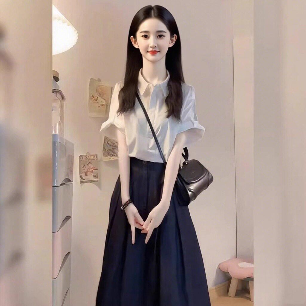 日系木耳边抽绳杏色衬衫女夏季独特法式绝美上衣牛半身裙两件套装