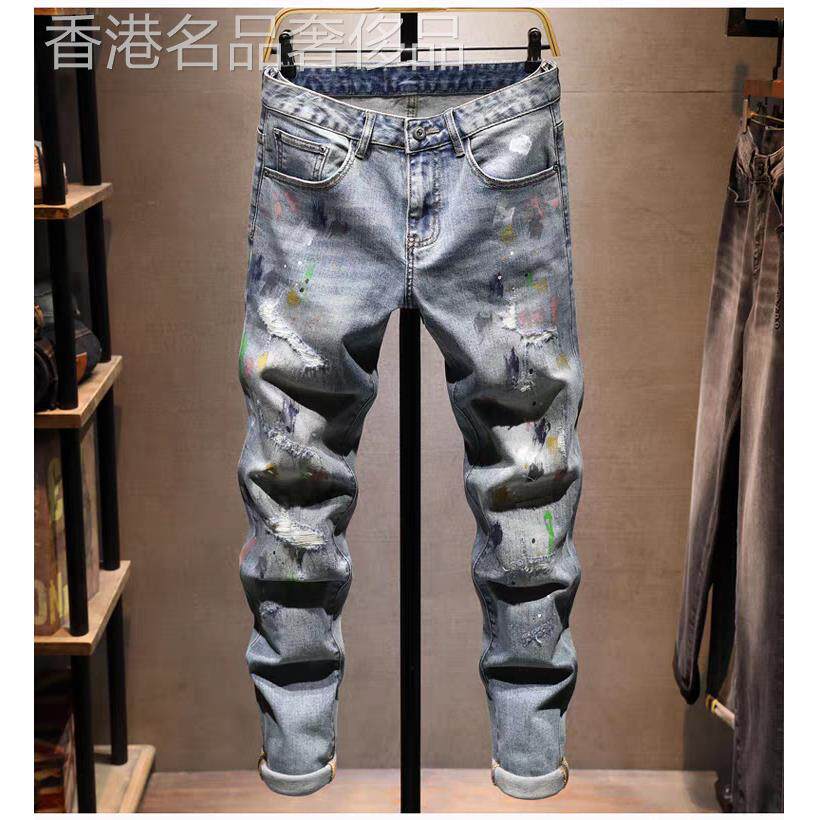 高端美式泼墨破洞乞丐牛仔裤男秋冬痞帅补丁弹力涂鸦修身小脚长裤