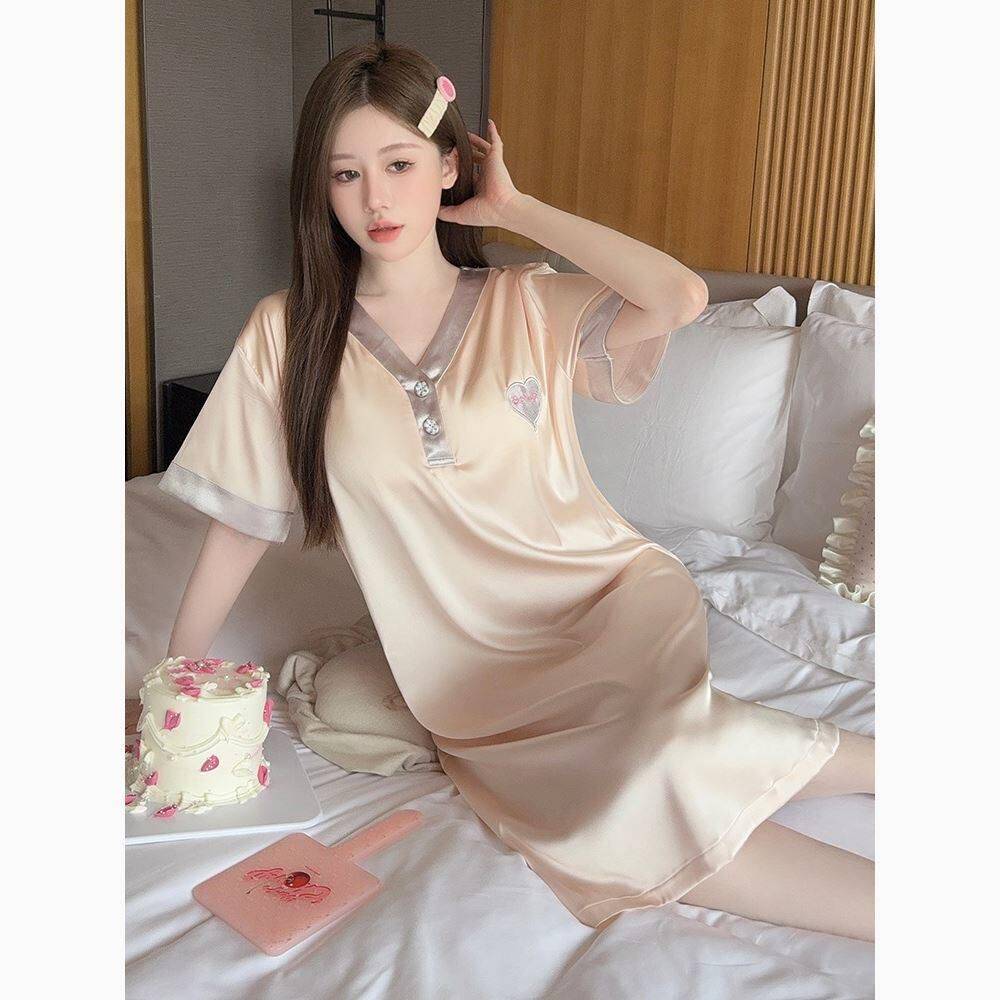 夏季高级感冰丝睡裙带胸垫女款宽松舒适V领睡衣中长家居服可外穿