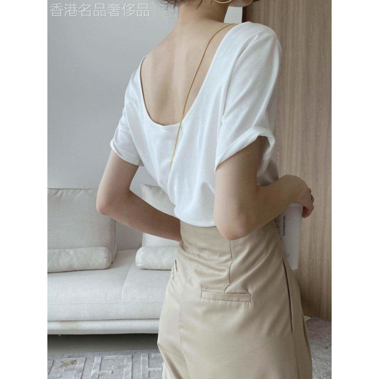 女式露背短袖t恤2025新秋性感低调性感白色圆领半袖修身上衣